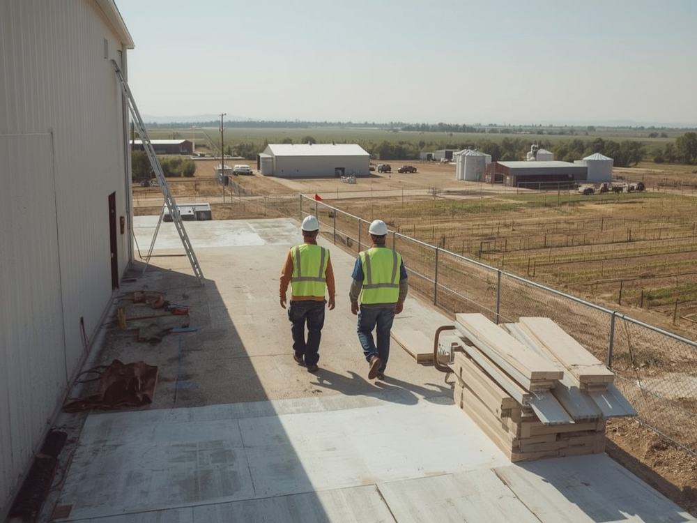 Roofers carrying a membrane roll and ladder to a commercial building in Dixon, California
