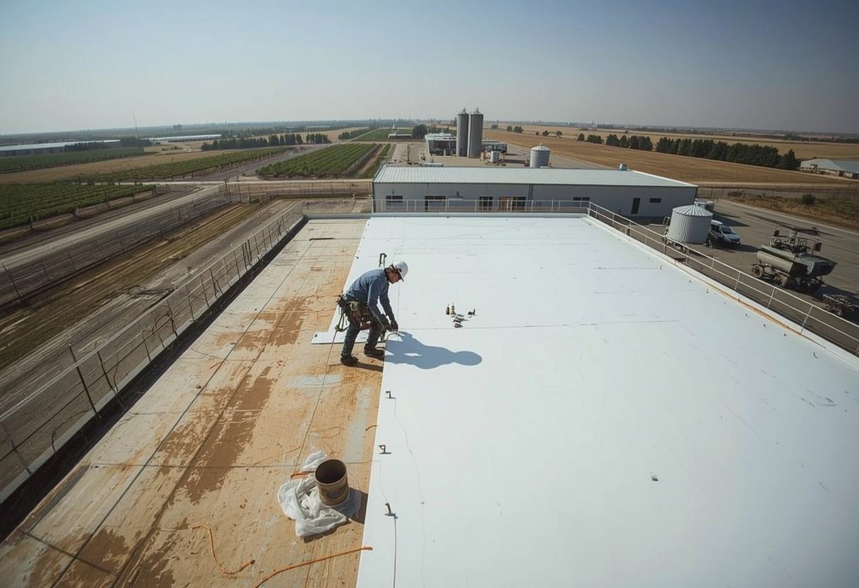 Reflective Title 24 cool roof membrane being finished in Dixon, California