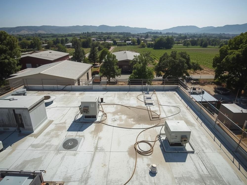 Finished commercial roof with HVAC curbs and drains in Napa, California