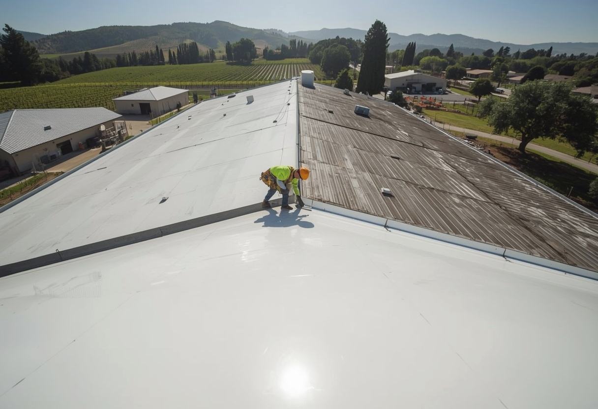 Reflective Title 24 cool roof membrane being finished in Napa, California