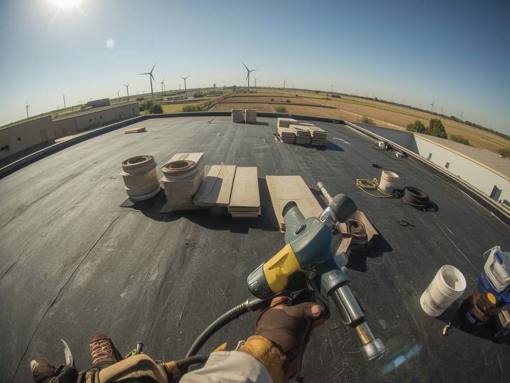 Roofing membrane, insulation boards and equipment staged on a commercial roof in Rio Vista, California