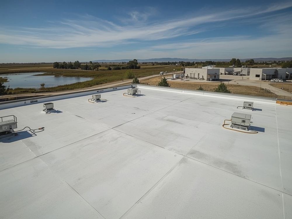 Completed flat roof membrane and perimeter edge metal on a commercial building in Suisun City, California