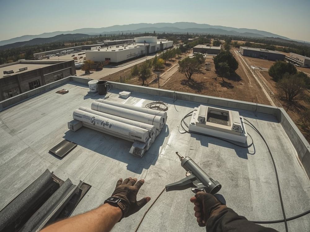Roofing membrane, insulation boards and equipment staged on a commercial roof in Vacaville, California