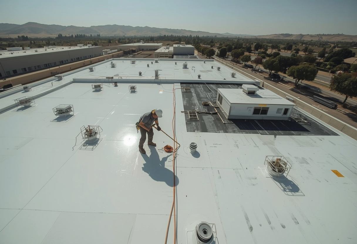Reflective Title 24 cool roof membrane being finished in Vacaville, California