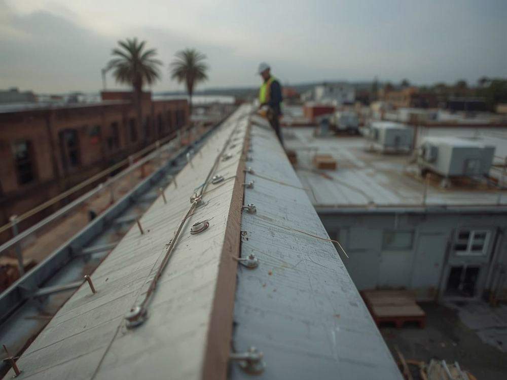 Close-up of a welded membrane seam and flashing detail on a commercial roof in Vallejo, California
