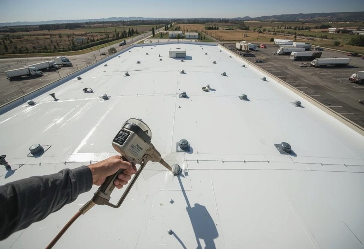 Roofer hot-air welding a TPO membrane seam in American Canyon, California