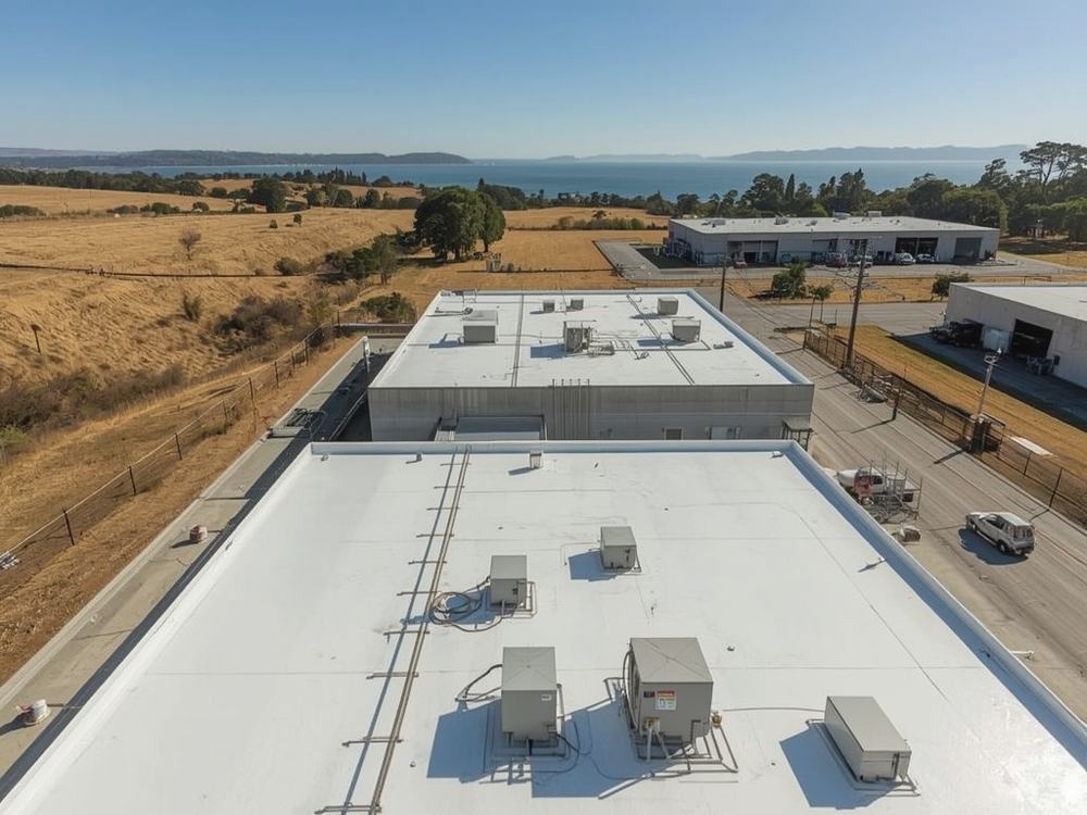 Completed flat roof membrane and perimeter edge metal on a commercial building in Benicia, California