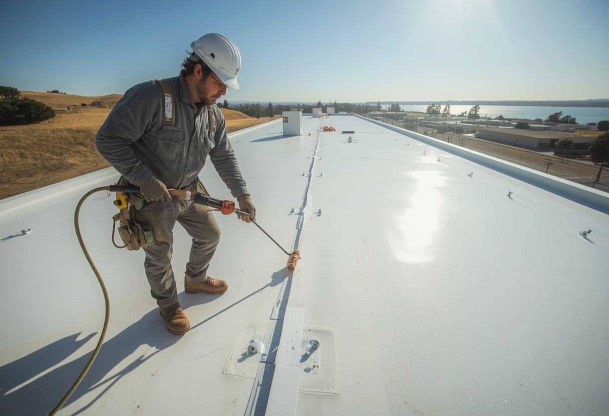 Roofer hot-air welding a TPO membrane seam in Benicia, California