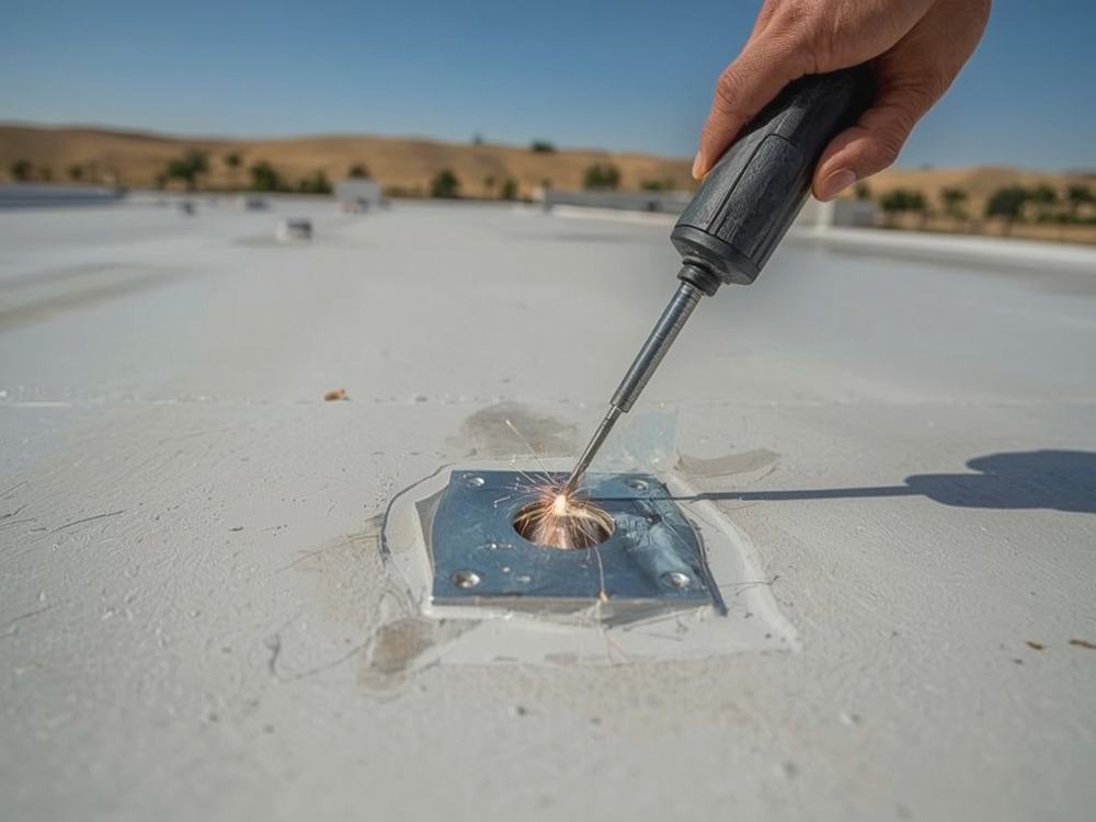 Close-up of a hot-air welded TPO membrane seam being probe tested