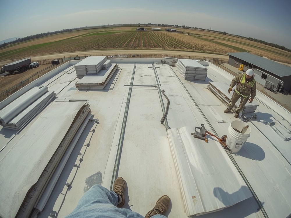 Roofing membrane, insulation boards and equipment staged on a commercial roof in Dixon, California
