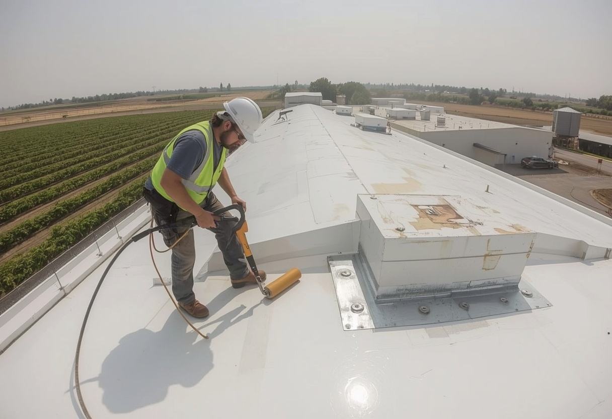 Roofer hot-air welding a TPO membrane seam in Dixon, California