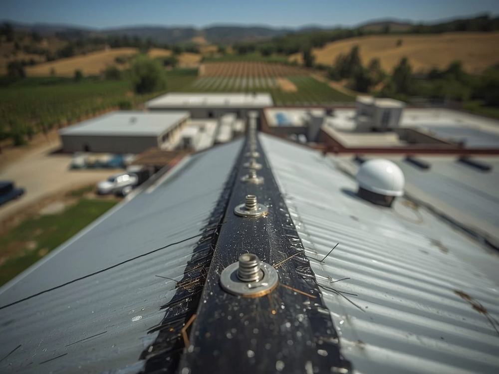 Close-up of a welded membrane seam and flashing detail on a commercial roof in Napa, California