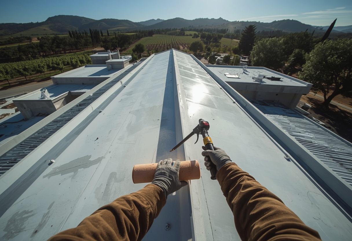 Roofer hot-air welding a TPO membrane seam in Napa, California