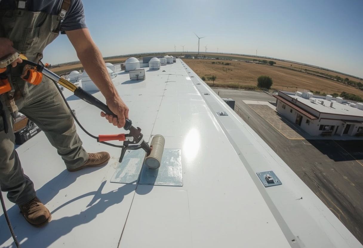Roofer hot-air welding a TPO membrane seam in Rio Vista, California