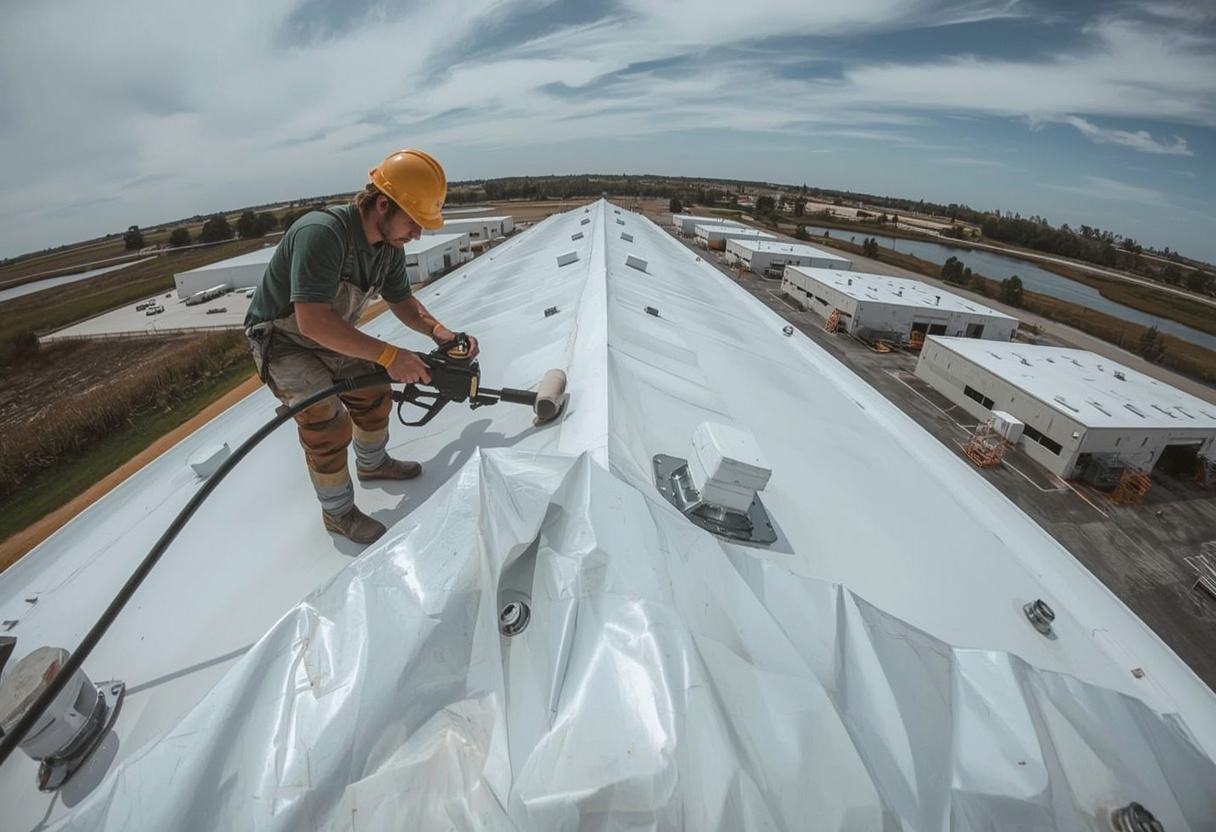 Roofer hot-air welding a TPO membrane seam in Suisun City, California