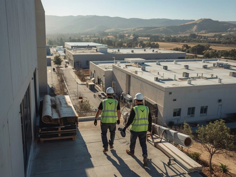Roofers carrying a membrane roll and ladder to a commercial building in Vacaville, California