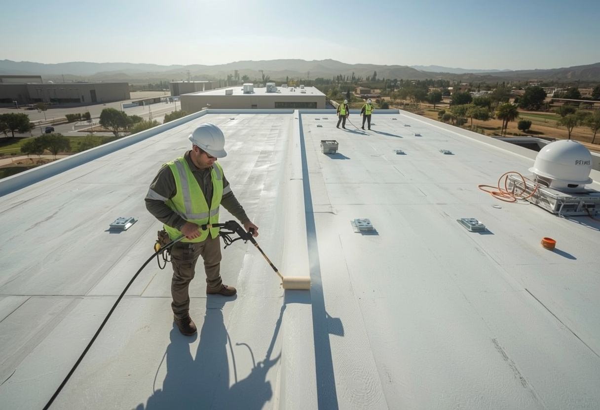 Roofer hot-air welding a TPO membrane seam in Vacaville, California