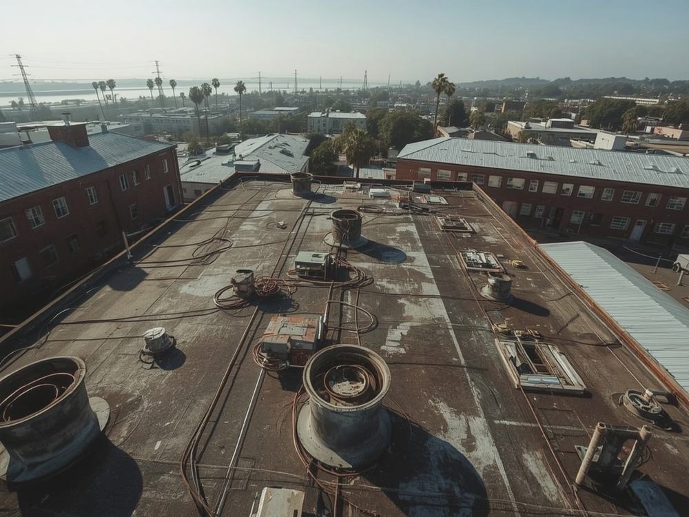 Finished commercial roof with HVAC curbs and drains in Vallejo, California