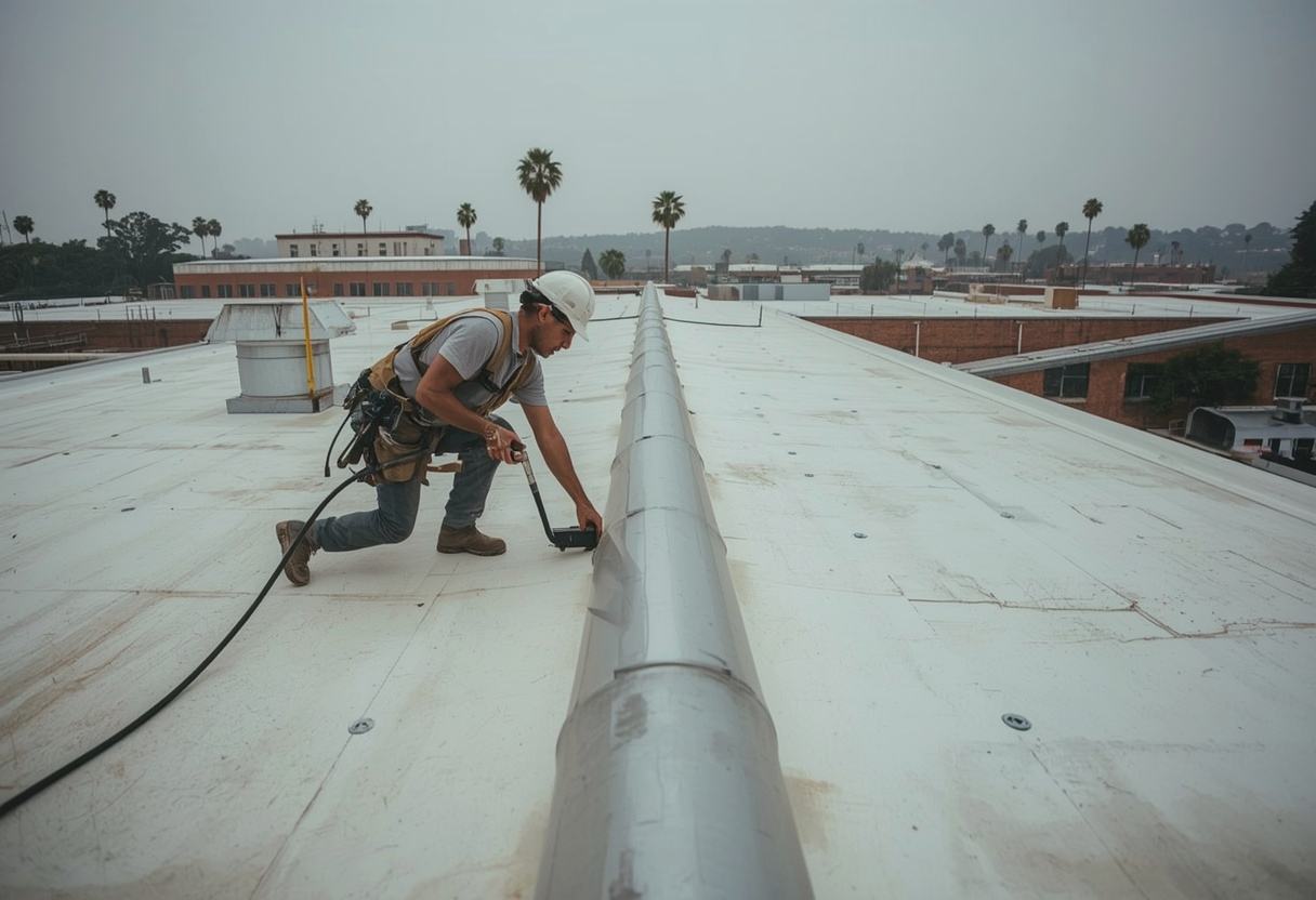 Roofer hot-air welding a TPO membrane seam in Vallejo, California